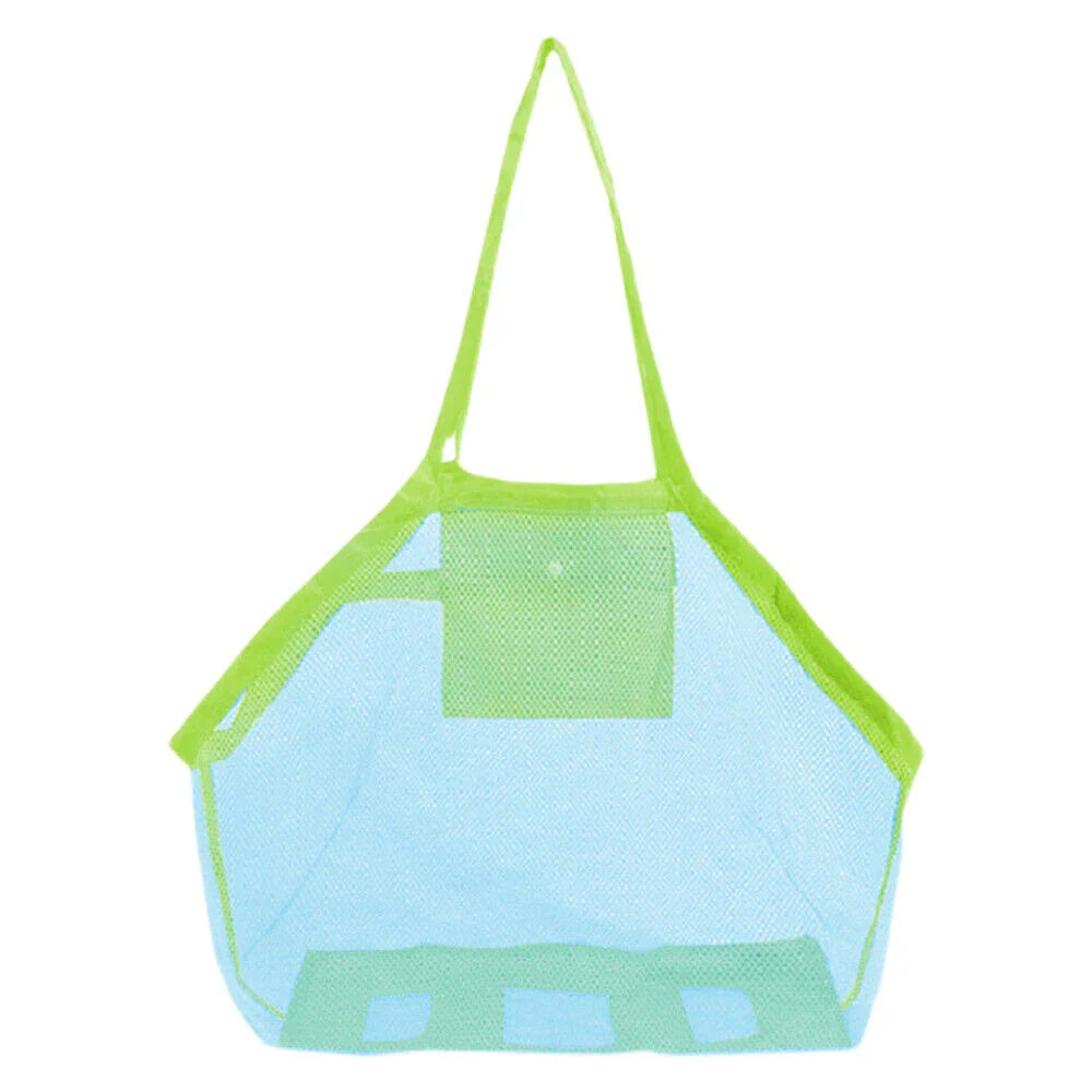 Versatile mesh beach bag in green, featuring a roomy interior, reinforced bottom, and breathable design for outdoor activities