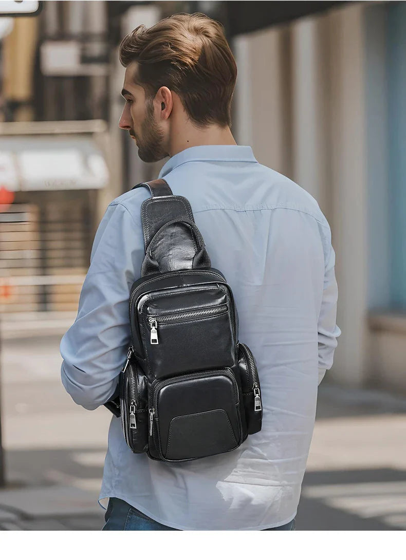 Rugged, premium leather chest bag with polyester cotton lining, designed for the active Kiwi lifestyle