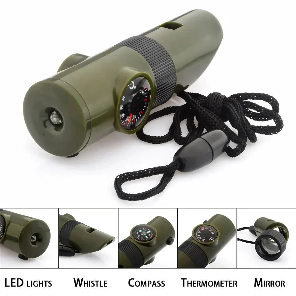 Versatile 7-in-1 emergency survival tool with compass, flashlight, and other essential features for Kiwi outdoor adventures