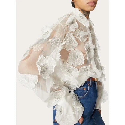 Stylish patchwork blouse with lapel collar, long sleeves, and sheer mesh panels for modern Kiwi casual elegance