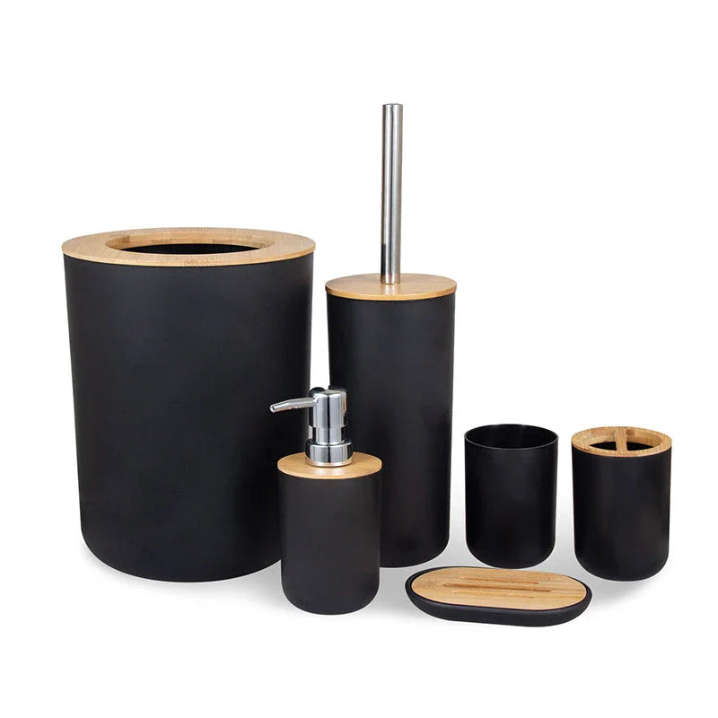 A 6-piece bamboo bathroom accessory set with a trash can, toilet brush, lotion bottle, soap box, toothbrush holder, and mouth cup