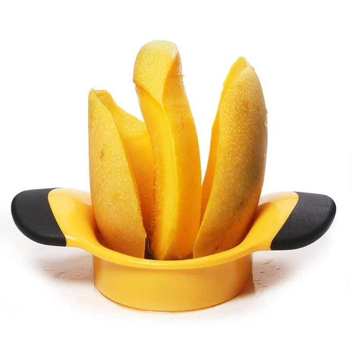 Stainless steel fruit cutter with ergonomic grip, slicing various fresh produce