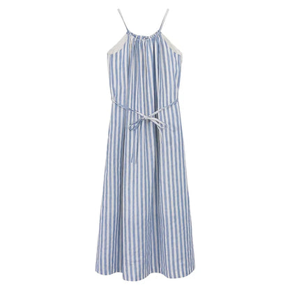 A stylish striped cotton linen maxi dress with an elegant A-line silhouette, perfect for summer in New Zealand.