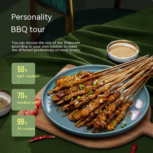 Automatic Multi-function Smoke-free Skewers Machine with ceramic cooking head, bamboo skewers, and insulated gloves