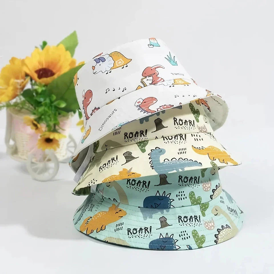 Adorable cartoon-printed cotton baby sun hat with adjustable drawstring for secure fit and wide brim for UV protection