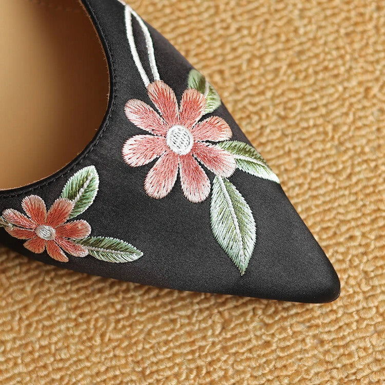 Embroidered pointed toe summer sandals with spike heel and adjustable buckle strap, perfect for Kiwi fashion