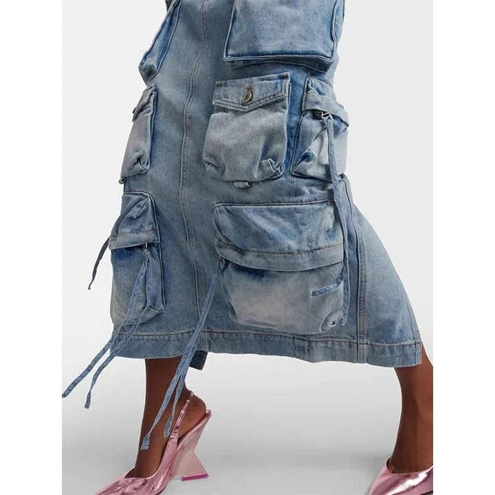 High waist denim skirt with distressed detail and ribbon slit - a versatile Kiwi fashion piece