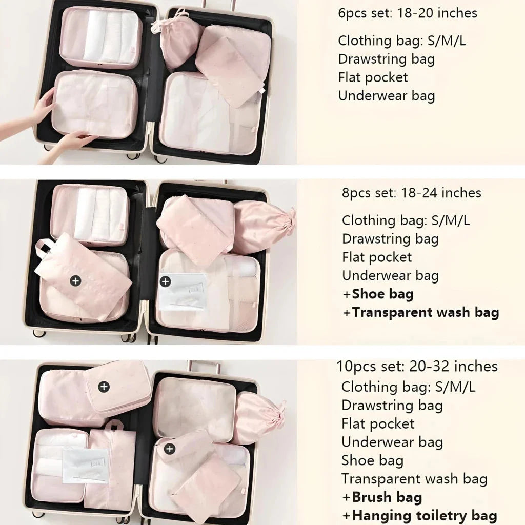 Premium Compact Packing Cubes with various compartments to organise clothes, shoes, and accessories for seamless travel