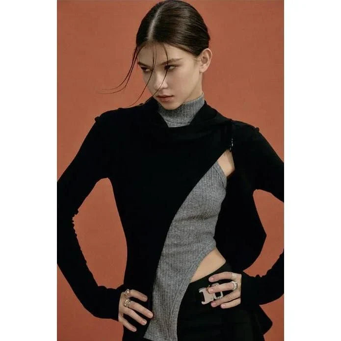 Elegant knitted pullover with ruffled collar, available in black and gray colours. Suitable for winter wear in New Zealand.