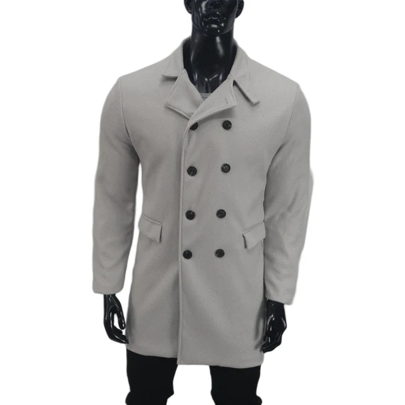 A stylish and warm wool coat for men, featuring a streamlined European-inspired design and practical side pockets.