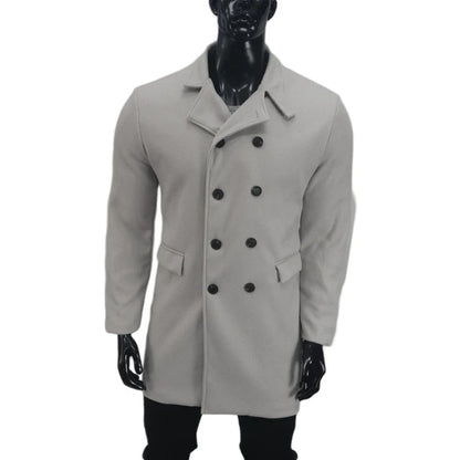 A stylish and warm wool coat for men, featuring a streamlined European-inspired design and practical side pockets.