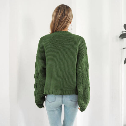 Stylish puff sleeve cardigan in army green and wheat yellow, made from soft, cosy acrylic knit material