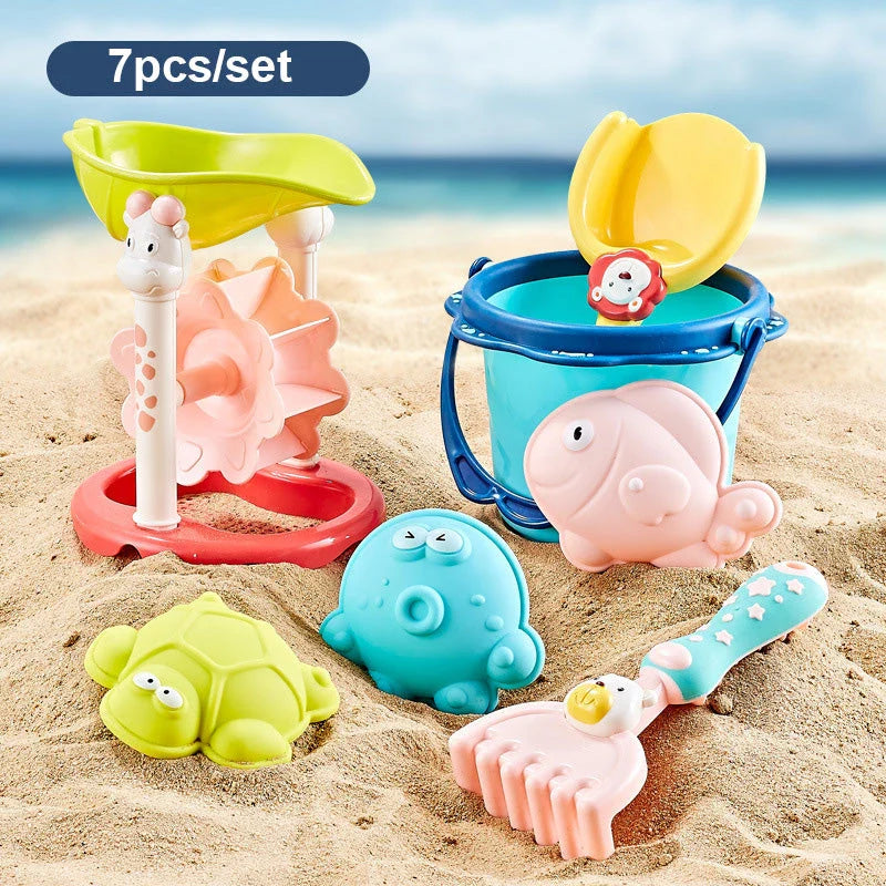 Colourful beach toy set with shovels, sand moulds, and a carry bag for Kiwi kids to enjoy outdoor play and exploration during the summer
