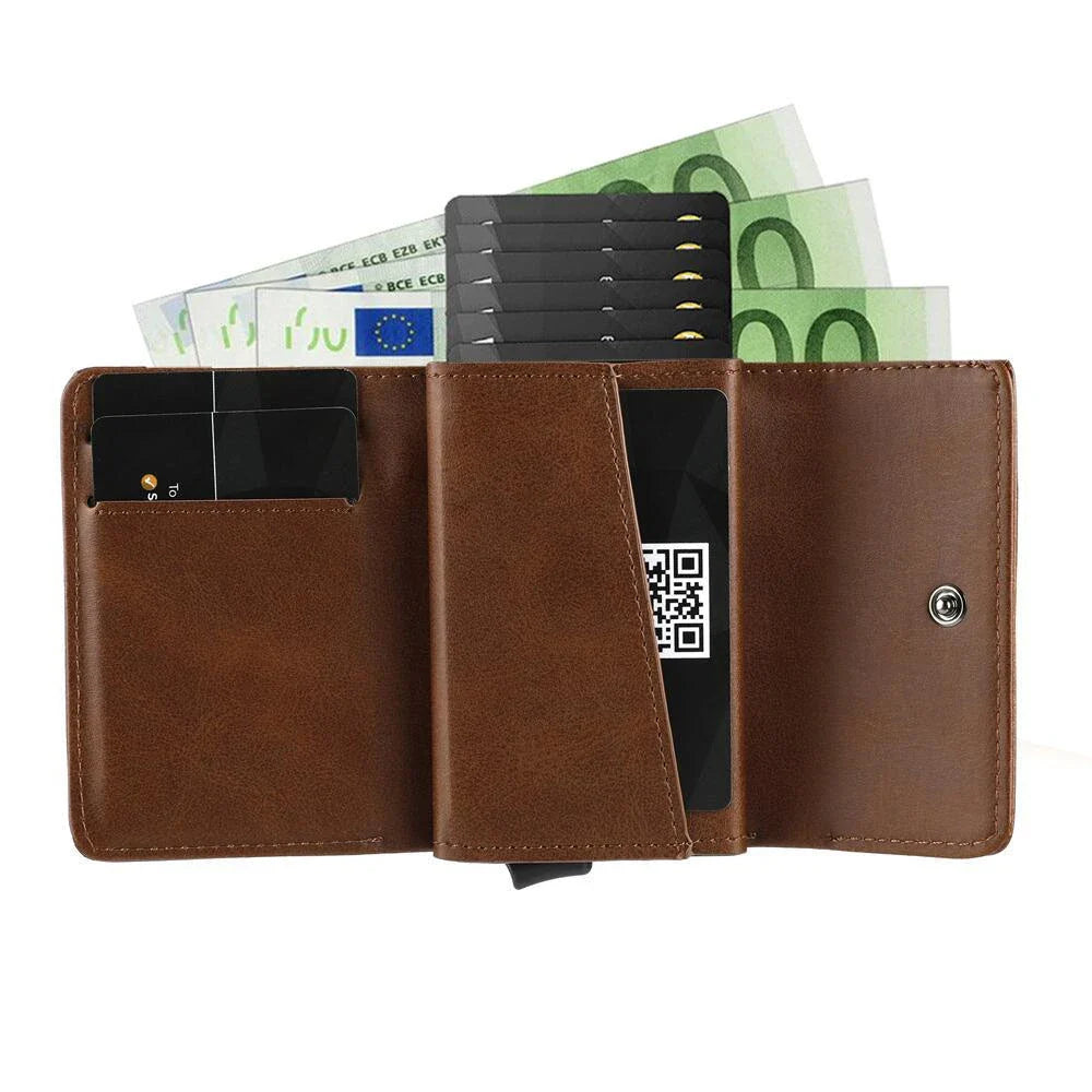 A stylish tri-fold wallet in classic Kiwi-friendly colours, featuring a magnetic buckle closure, anti-theft protection, and a sleek square vertical design
