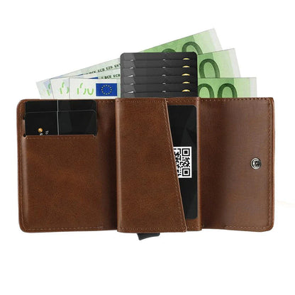 A stylish tri-fold wallet in classic Kiwi-friendly colours, featuring a magnetic buckle closure, anti-theft protection, and a sleek square vertical design