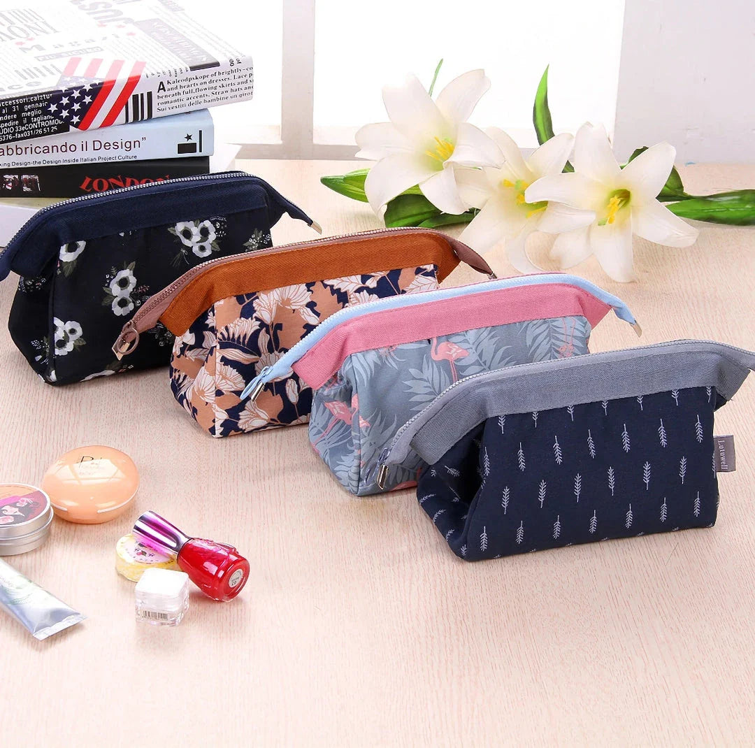 Flamingo-patterned travel makeup and toiletry bag with spacious interior and convenient storage pockets