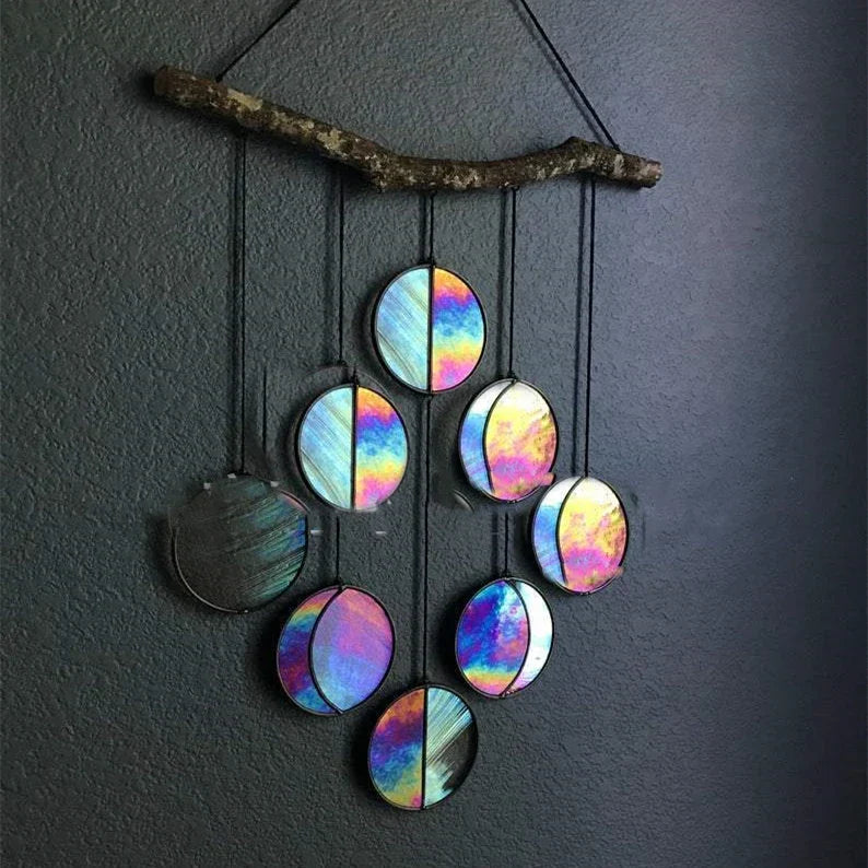 Visually captivating hanging decor with boho moon, rainbow, and mirror design