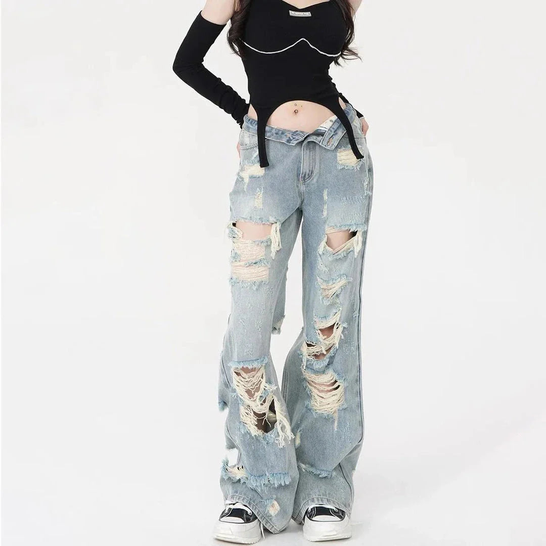 Light blue high-waist chic straight jeans with unique stripe fabric and subtle details