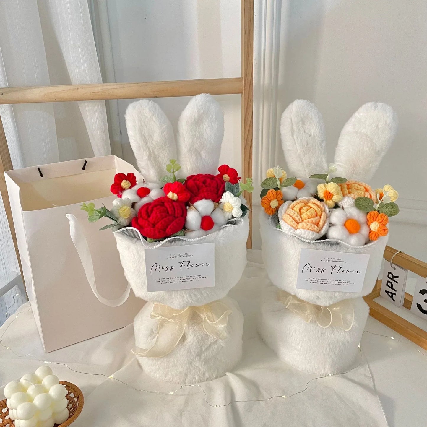 Creative knitted rabbit ear bouquet doll in vibrant colours, a unique and eco-friendly home accessory from New Zealand