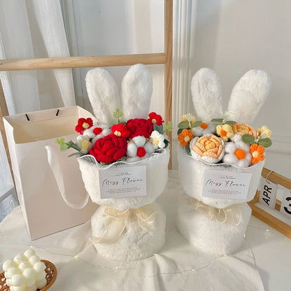 Creative knitted rabbit ear bouquet doll in vibrant colours, a unique and eco-friendly home accessory from New Zealand