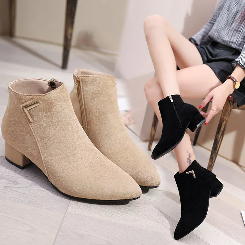 Pointed toe boots with low chunky heels in Black and Beige colors, designed for comfortable and stylish wear in New Zealand