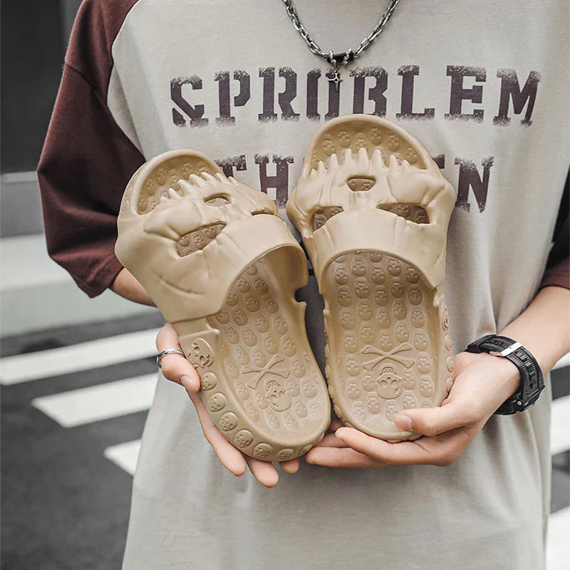 Stylish skull-patterned slippers in a range of classic Kiwi colours, perfect for indoor and outdoor wear