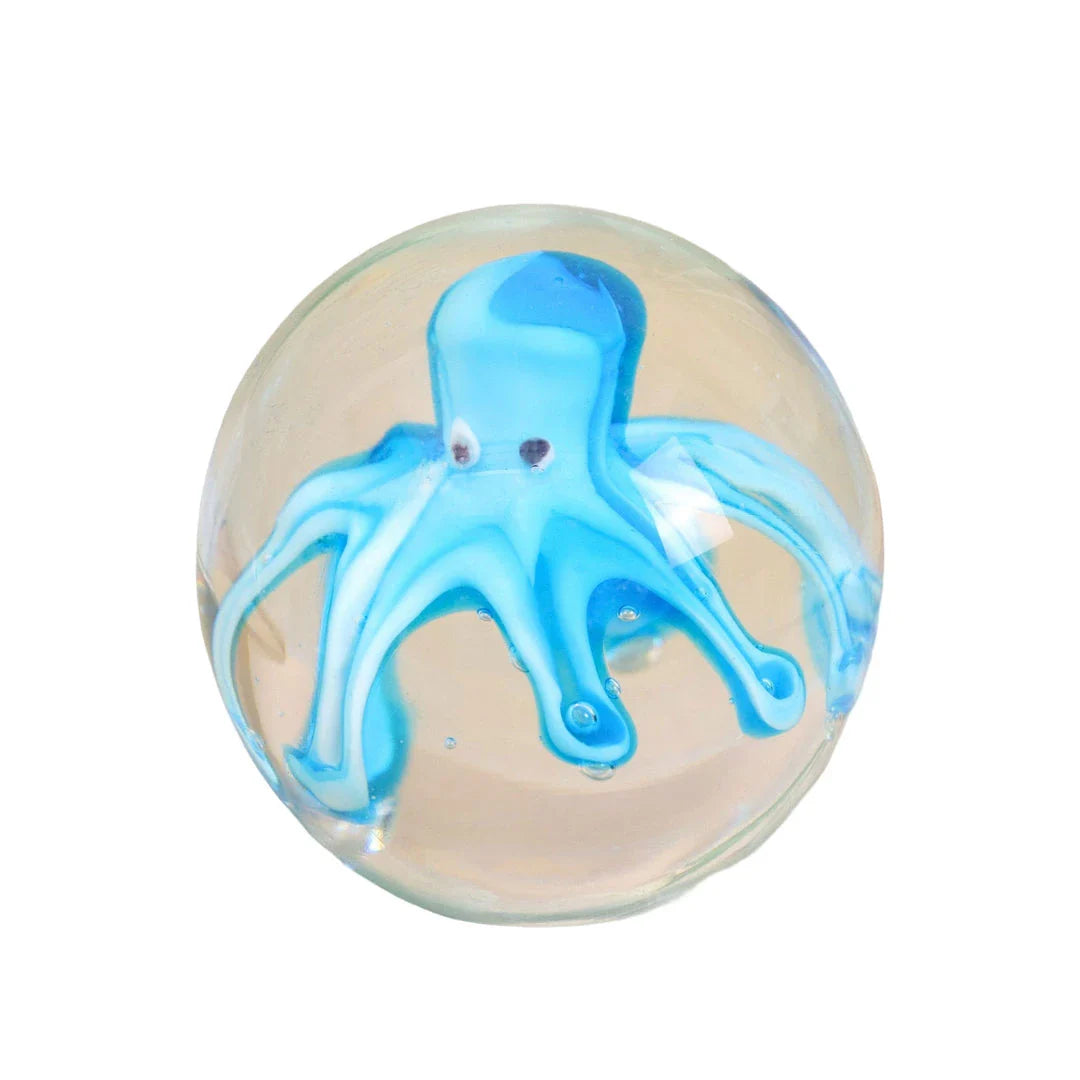 Handcrafted glass octopus windshield washer fluid ornament in ocean blue and tea brown colours, made in New Zealand