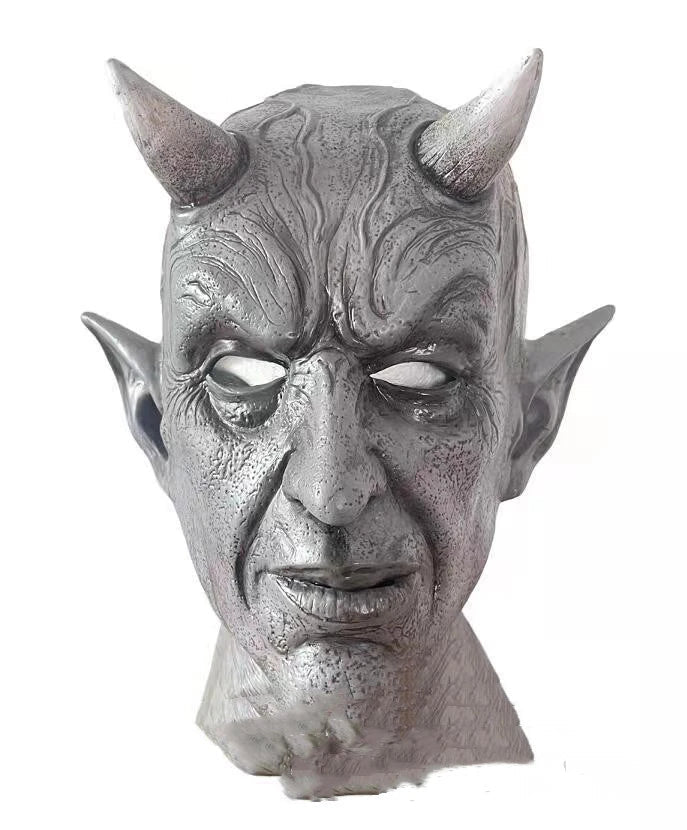 A black latex Halloween mask with intimidating bullhorns, perfect for a terrifying demon costume