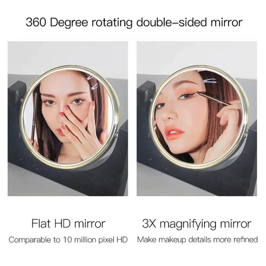 Natural marble rotating makeup vanity mirror with 360-degree rotation and 3X magnification for precise grooming