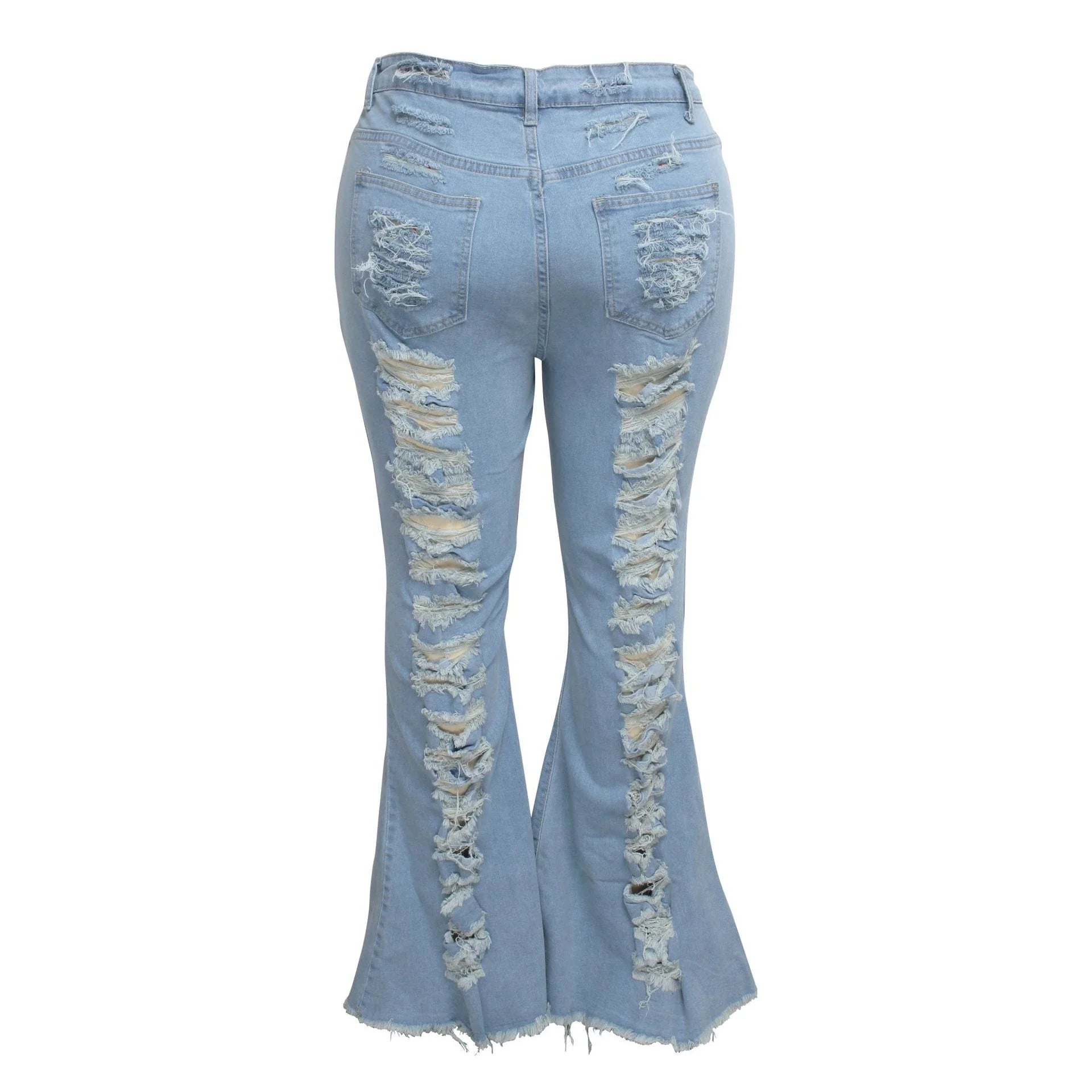 Stylish stretch denim flare jeans in black and light blue colors, featuring a high-waisted, bell-bottom design for a flattering, retro-inspired look.