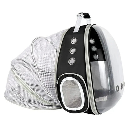 Expandable pet carrier backpack with transparent walls, allowing pets to enjoy the view during travel