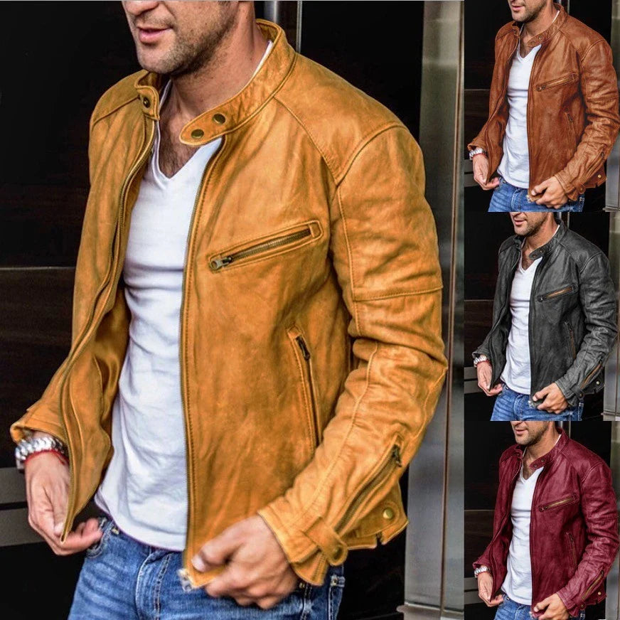 Stylish men's PU leather jacket with stand collar, designed for the active Kiwi lifestyle