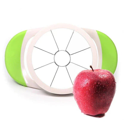 Stainless steel fruit cutter with ergonomic grip, slicing various fresh produce