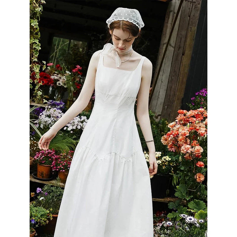 Shopfluxpro NZ Effortless Elegance: French White Suspender Long Dress