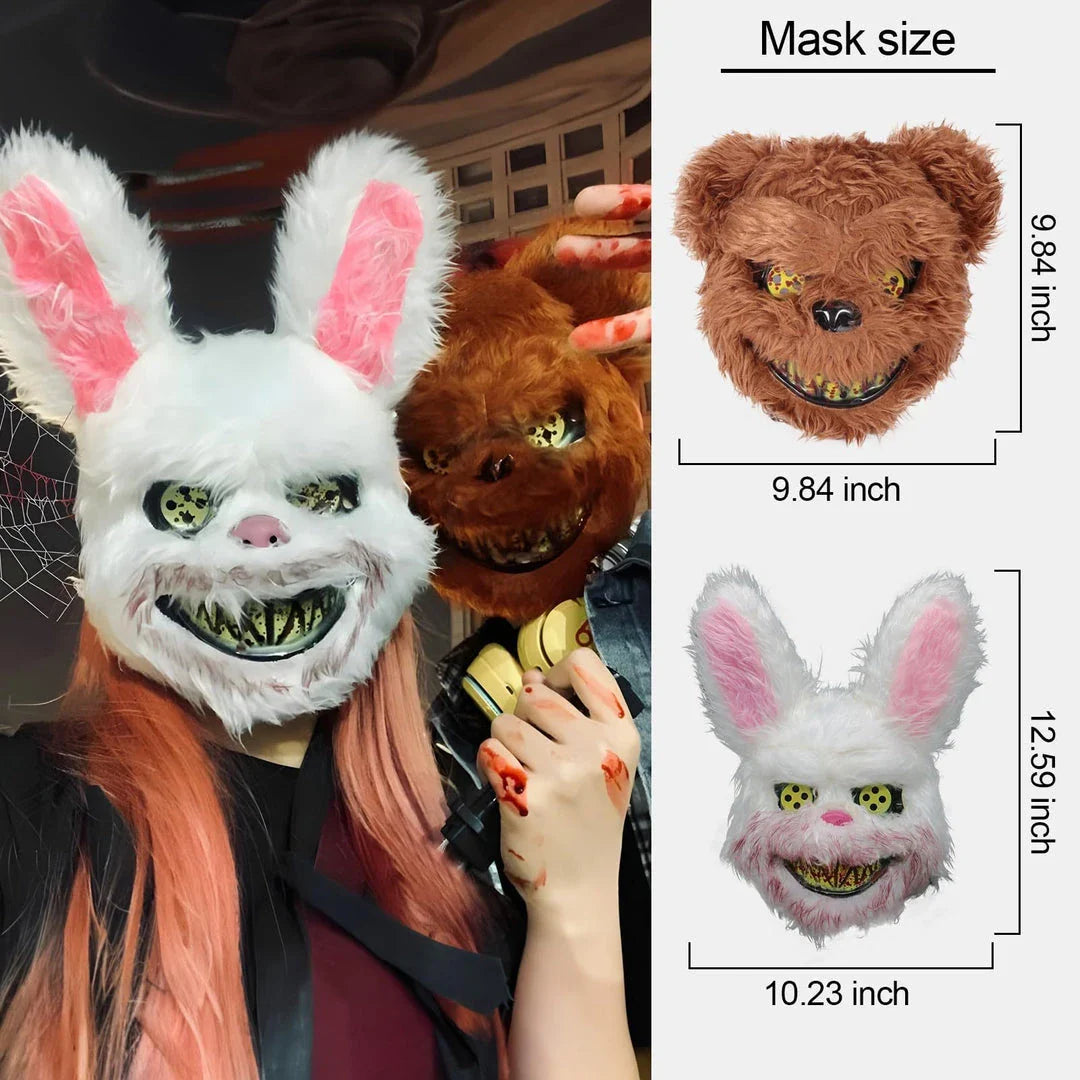 A creepy and realistic plush bunny mask with long pink ears, a bloody mouth, and glowing green eyes - perfect for Halloween and costume parties.