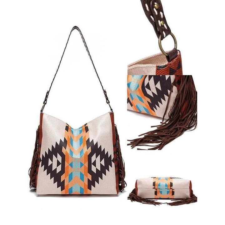 Stylish Bohemian canvas shoulder bag with colorful knitting and tassel details