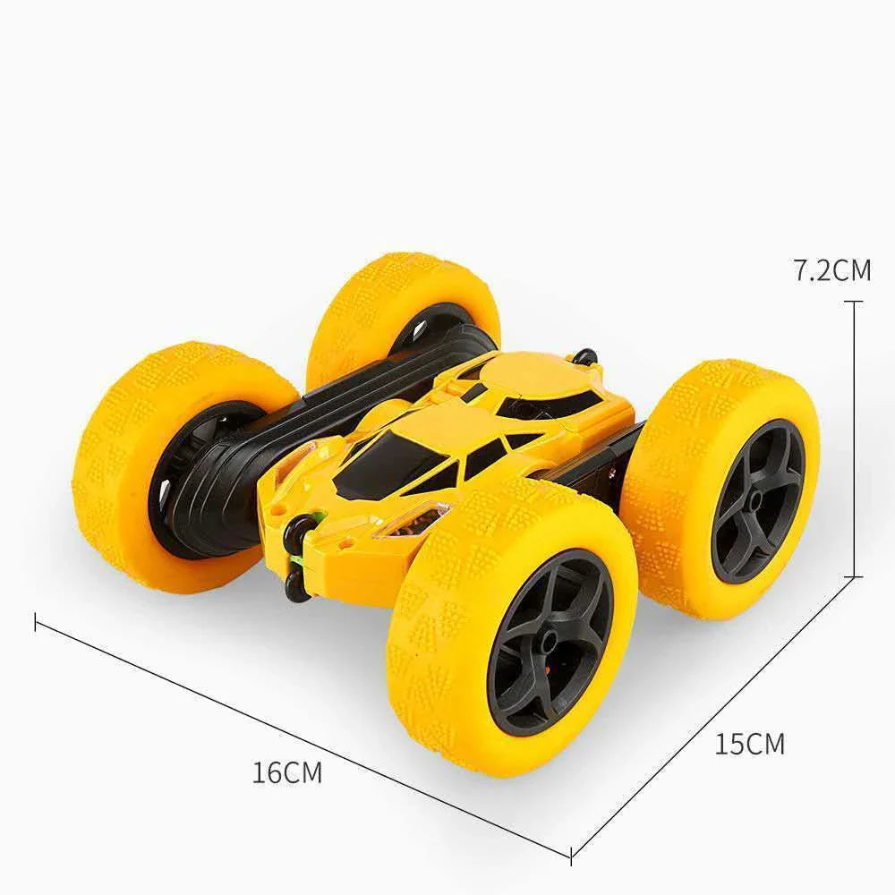 Futuristic off-road RC stunt car with 360-degree flip capability, rechargeable battery, and remote control