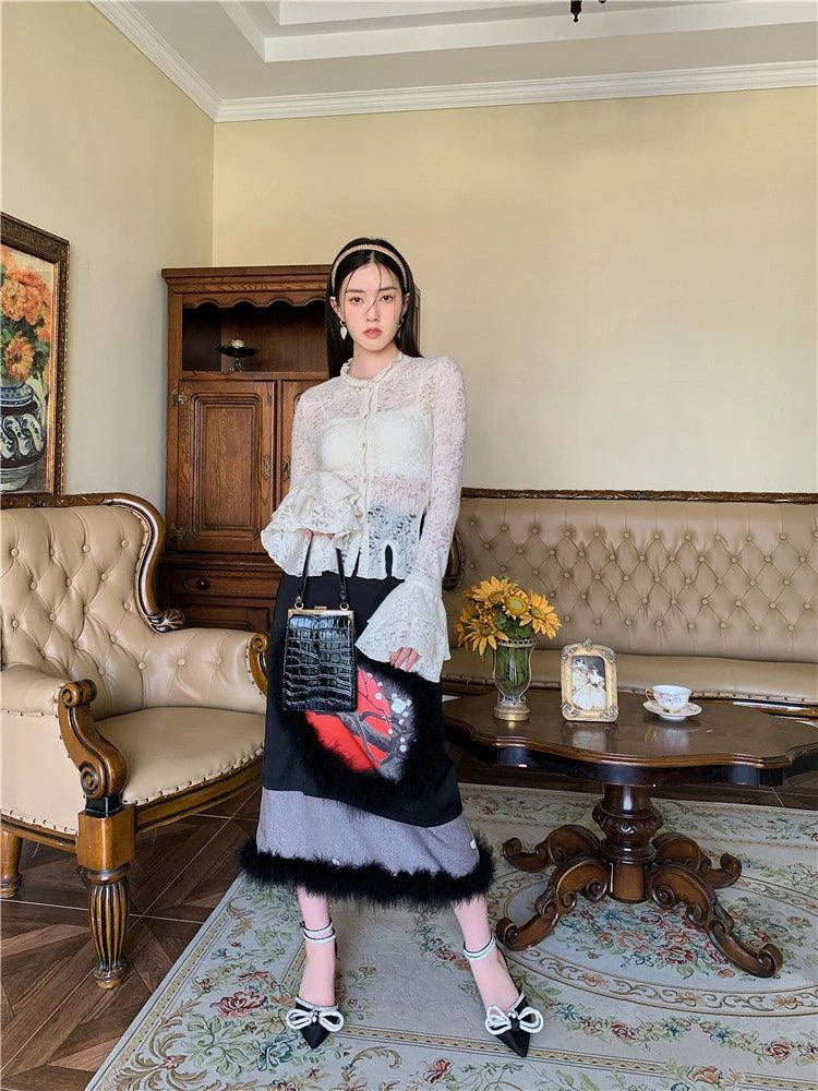 Lace patchwork shirt with ruffled sleeves in a beige color, perfect for casual and formal occasions