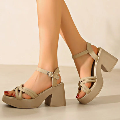 Stylish chunky high heel sandals for women featuring a premium PU leather upper, durable rubber outsole, and adjustable buckle strap for a secure fit.