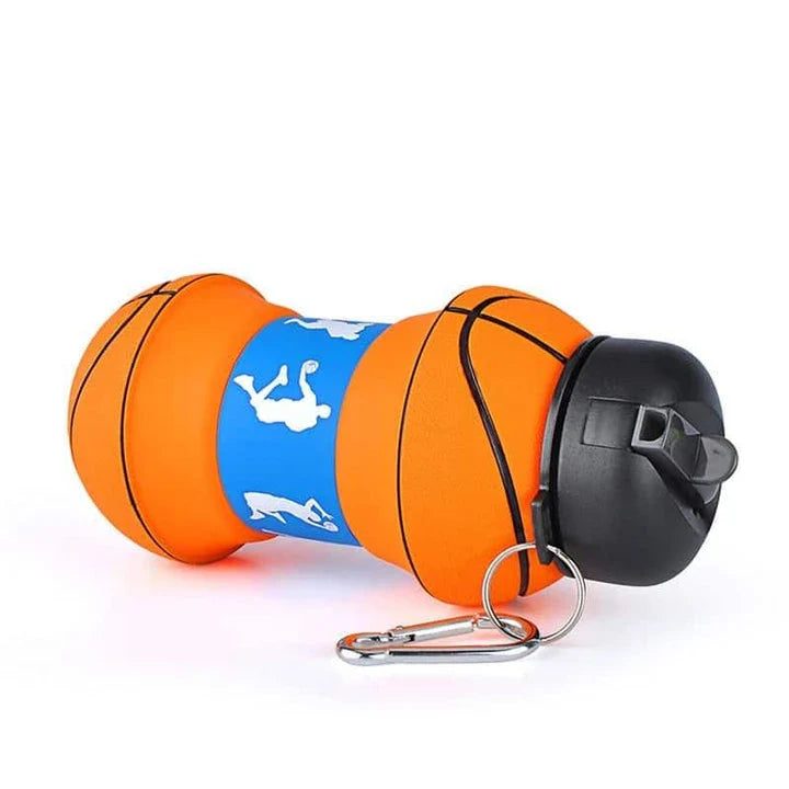 Foldable, leak-proof silica gel water bottle in orange, white/black, and green colors, designed for active Kiwi kids