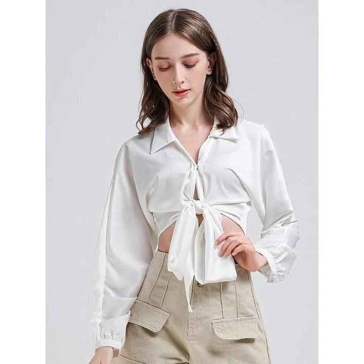 Elegant Vintage V-Neck Long Sleeve Crop Blouse in solid white color, a timeless wardrobe essential for Kiwi women