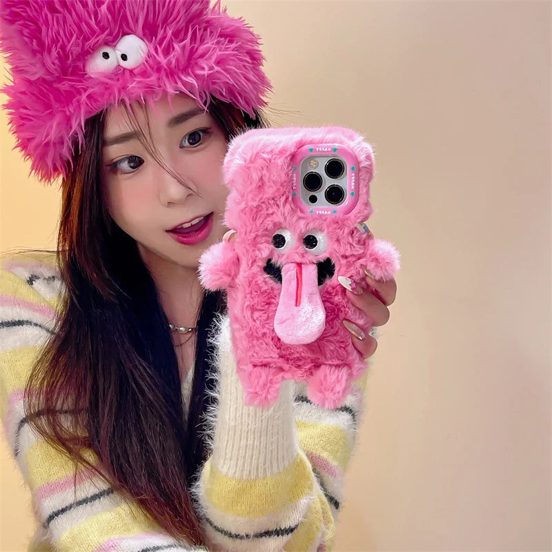 A cute plush monster phone case with a soft, huggable design and shock-absorbent protection for your iPhone