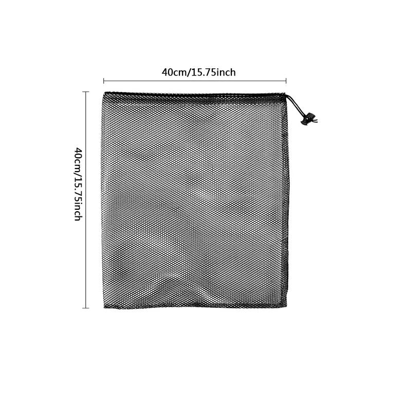 Nylon mesh drawstring storage bag in various sizes, suitable for storing sports gear, laundry, and more