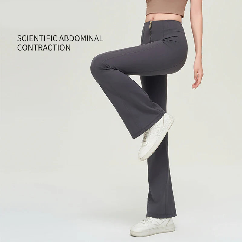 Premium nylon bell-bottom trousers with slimming high-waist design, perfect for Kiwi women's fitness and everyday style.