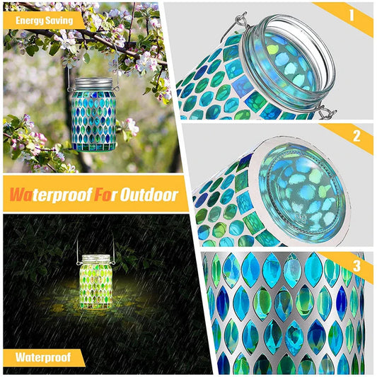 Handcrafted solar-powered outdoor mason jar lamp in a blue color, providing warm, ambient lighting for Kiwi backyard and patio