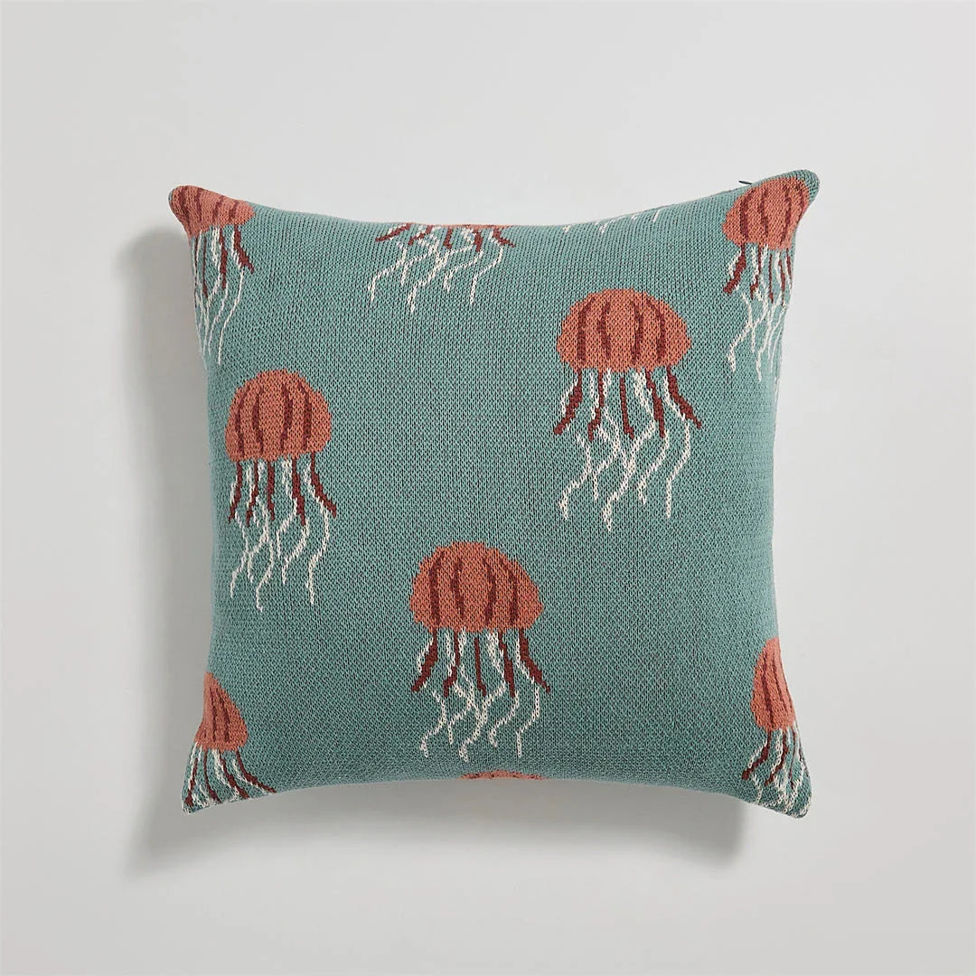 Elegant jellyfish-patterned knit cotton cushion cover in gray and green colours