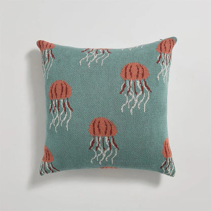 Elegant jellyfish-patterned knit cotton cushion cover in gray and green colours