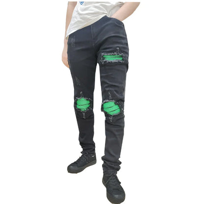 Men's Black Ripped Jeans with Green Patchwork Sustainable Fashion Design