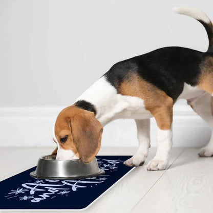 Trendy pet feeding mat made of durable polyester with anti-slip rubber backing to prevent spills and messes