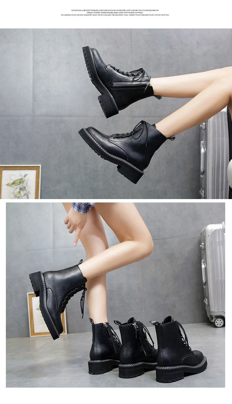 Stylish women's platform locomotive boots with leather upper and rubber sole, in black and cotton black colors